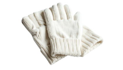 Pair of cream-colored knit gloves, stacked, against black backdrop