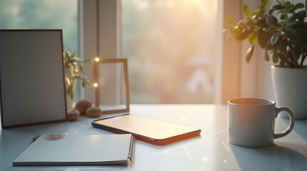 Embrace the morning light with a calming workspace scene featuring a blank smartphone, frames, and a warm mug, perfect for promoting mindful productivity or a serene lifestyle