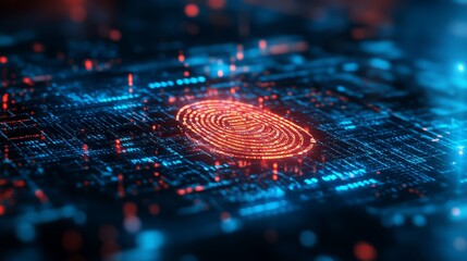 Glowing red fingerprint on a blue circuit board with red accents in a digital cyber security theme