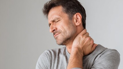 Fototapeta premium A man with a neck injury is in pain. He is wearing a gray shirt and has a serious expression on his face