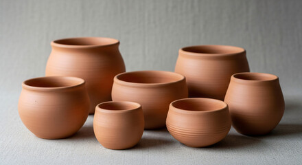 Assortment of rustic handmade terracotta pottery, vessels and bowls