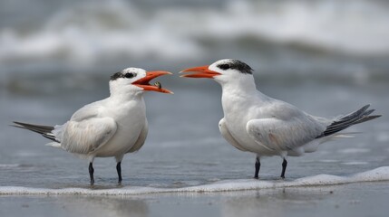 Fototapeta premium Two birds are standing on the beach, one of them is eating. The scene is peaceful and serene, with the birds enjoying their time on the shore