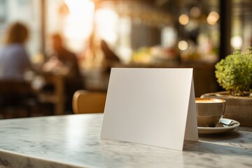 Fototapeta premium Blank white tent card on marble table with coffee and blurry cafe background, people in the background, concept for menu presentation, advertisement template and invitation mockups