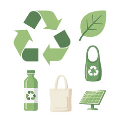 Flat 2D vector illustration of eco-friendly icons including recycling symbol, leaf, reusable bag, bottle, and solar panel on white background with green hues.