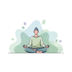Flat 2D vector illustration of a serene woman meditating in lotus position with abstract shapes in the background, conveying a peaceful mood.