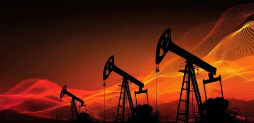 Oil pumps silhouetted at sunset with financial data charts concept. Silhouettes of oil pumps against a vibrant sunset backdrop.
