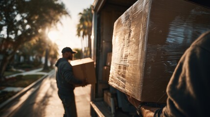 Delivery man carrying cardboard box from truck, moving service. Concept for home relocation, express delivery and cargo transportation