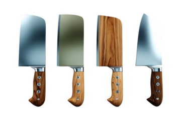 Collection of four chef knives with wooden handles displayed side by side showcasing sharp blades and craftsmanship in culinary tools isolated on transparent background