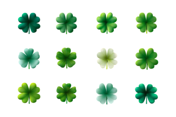 Collection of twelve luminous four-leaf clover symbols in various shades of green with subtle highlights and effects displayed in a grid on a dark backdrop isolated on transparent background