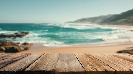 Fototapeta premium Rustic wooden table overlooking turquoise ocean waves crashing on sandy beach with lush coastline, concept for product showcase, summer vacation advertising and coastal living promotion