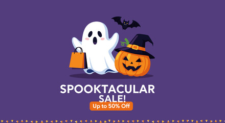 Spooktacular sale promotion banner with cute ghost jackolantern and bat for Halloween retail marketing