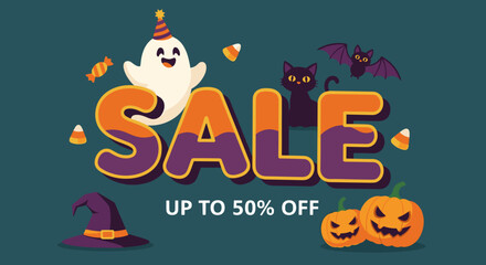 Halloween SALE banner with ghost black cat pumpkins candy and promotional discount text