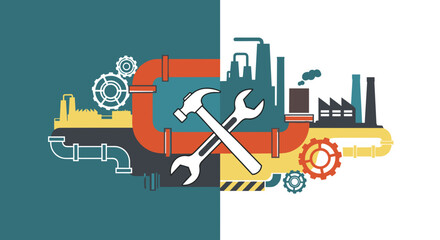 Obraz premium Industrial machinery and maintenance concept graphic with tools pipes and factory