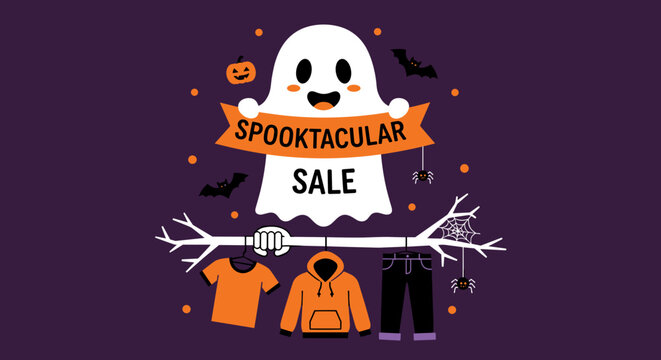 Spooktacular Halloween Sale banner with ghost marketing clothing retail vector