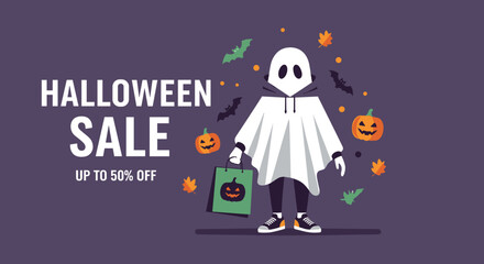 Obraz premium Halloween Sale banner featuring a ghost character holding a shopping bag with discounts