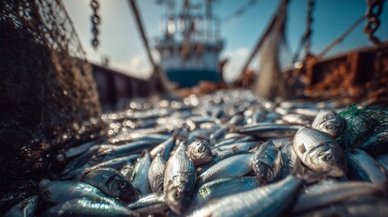 Pile of freshly caught sardines with fishing net on the boat deck in blurred view, concept for seafood supply, commercial fishing and aquatic ecosystem preservation