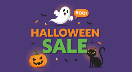 Halloween Sale banner with ghost pumpkin and black cat for seasonal promotion and shopping events