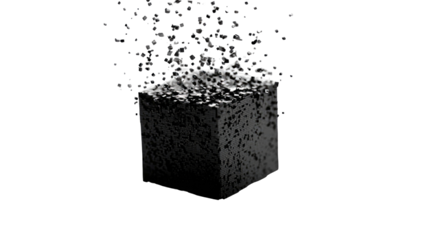 Dark cube erupting with fine particles