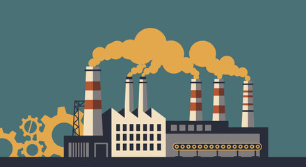 Fototapeta premium Industrial factory building with smokestacks and gears representing manufacturing and production industry