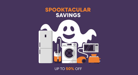 Halloween sale banner illustration featuring a ghost and major household appliances offering Spooktacular Savings