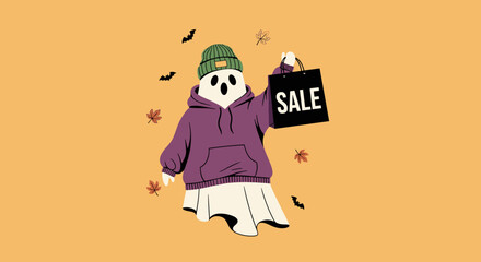 Cute ghost in hoodie holding SALE bag surrounded by autumn leaves and bats