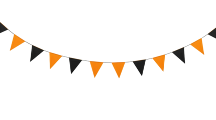 A festive halloween banner featuring alternating orange and black triangular flags strung together, isolated on transparent background