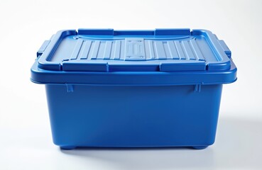 Blue plastic storage bin with lid, perfect for home organisation and saving space. Versatile container for toys, clothes, or office supplies. Easy to stack and carry.