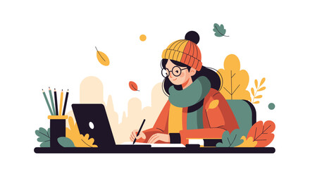 Cozy autumn work setup Woman writing notes and using a laptop with fall leaves around