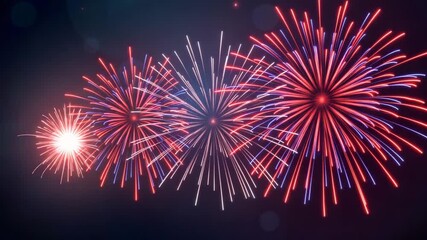Vibrant fireworks exploding with joy and celebration in red, blue, and white colors against dark night sky - Powered by Adobe