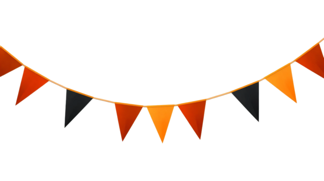 A festive halloween banner featuring alternating orange and black triangular flags strung together, isolated on transparent background