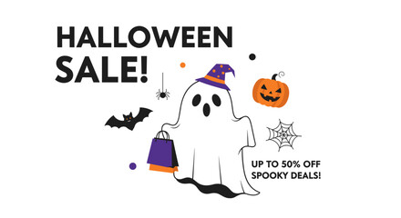Halloween retail sale graphic with ghost pumpkin and shopping bags illustration