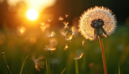 Fluffy dandelion seeds drift on warm golden hour breeze. Sunlight illuminates delicate plant dispersal across green field. Nature gentle magic unfolds in tranquil summer landscape.