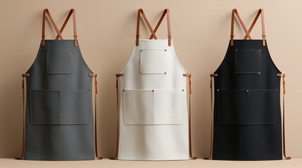 Three aprons in gray, white and black with leather straps, hanging against a neutral wall, with a minimalist style. Concept for culinary arts, professional attire and uniform design