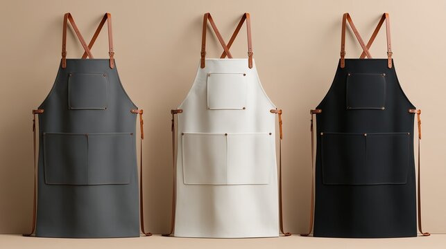 Three aprons in gray, white and black with leather straps, hanging against a neutral wall, with a minimalist style. Concept for culinary arts, professional attire and uniform design