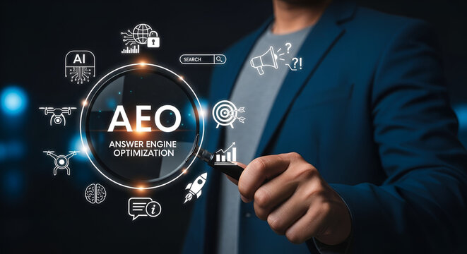 Man pointing at AEO Answer Engine Optimization icons