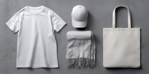 Arrangement of a white T-shirt, cap, scarf with fringes and tote bag on grey surface, product mockup for fashion merchandise, apparel branding and clothing line design visualization