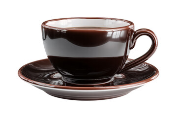 Classic ceramic coffee cup and saucer filled with dark aromatic beverage ready for morning enjoyment isolated on transparent background
