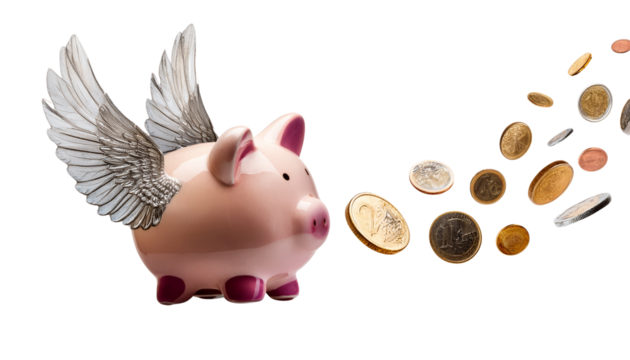 Flying piggy bank with coins scattered around secluded on a transparent surface