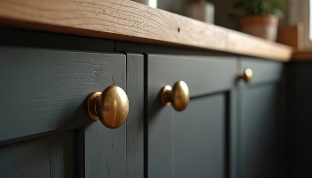 Close up of modern kitchen cabinets. Dark grey painted wooden doors with gold knobs. Wooden countertop adds warmth. Interior design detail for home decor magazines or websites.