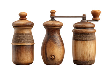 Antique wooden pepper grinders set vintage kitchen utensils rustic culinary tools for spice grinding isolated on transparent background