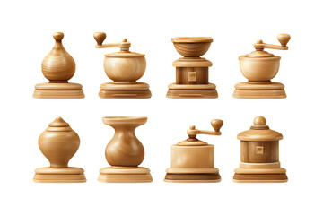 Collection of antique wooden manual coffee grinders displayed together featuring vintage kitchenware and culinary tools for food preparation isolated on transparent background