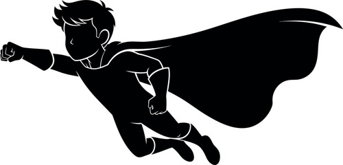Silhouette of a young boy flying like a superhero with his cape billowing majestically behind him vector © Ibrahim Khalal