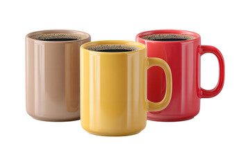 Three colorful ceramic mugs filled with coffee isolated on a black background for a warm beverage concept isolated on transparent background