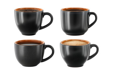 Four stylish dark ceramic coffee mugs with warm toned rims showcasing different angles and textures isolated on transparent background
