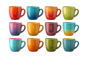 Assortment of twelve brightly colored ceramic mugs in a grid formation ready for hot beverages coffee tea or cocoa isolated on transparent background