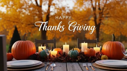 A beautifully decorated thanksgiving table with pumpkins, candles, and fall foliage, creating a warm and inviting atmosphere for a festive holiday celebration ai generated vedio