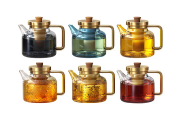 Set of six glass teapots with golden lids and handles filled with assorted colorful teas for aesthetic beverage presentation isolated on transparent background