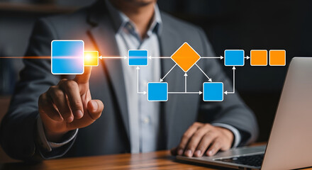 Businessman interacting with a digital flowchart on a laptop