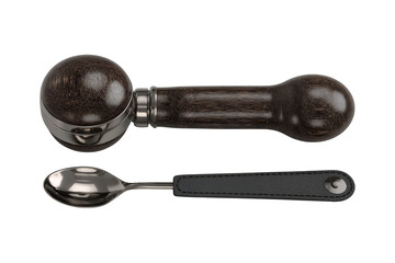 Two kitchen utensils ice cream scoop and spoon isolated on dark studio background for food preparation and dessert serving isolated on transparent background