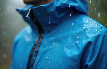 Man wears blue water repellent jacket. Raindrops fall on fabric surface. Close-up shows waterproof material texture. Outdoor activity clothing for bad weather.